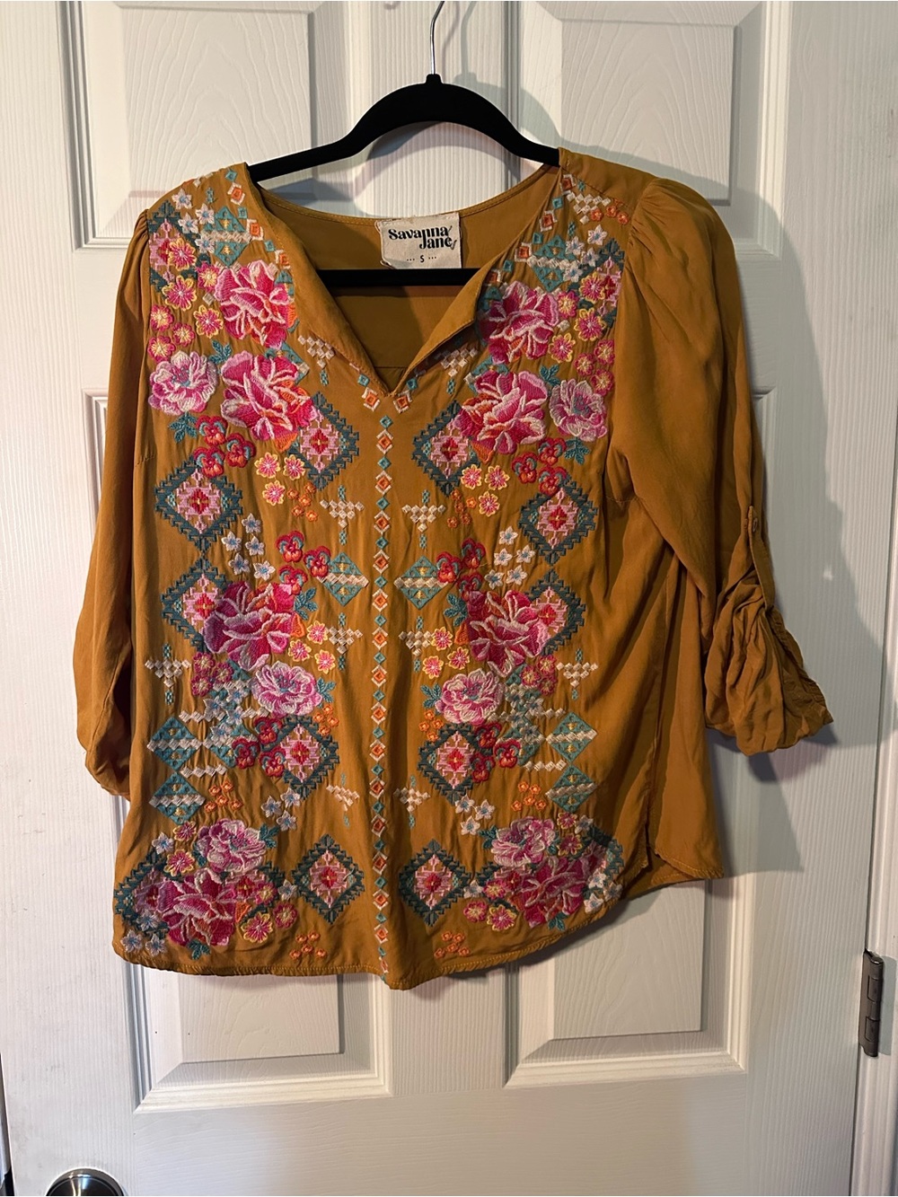 Savanna Jane Mustard Embroidered Floral V-Neck Tunic